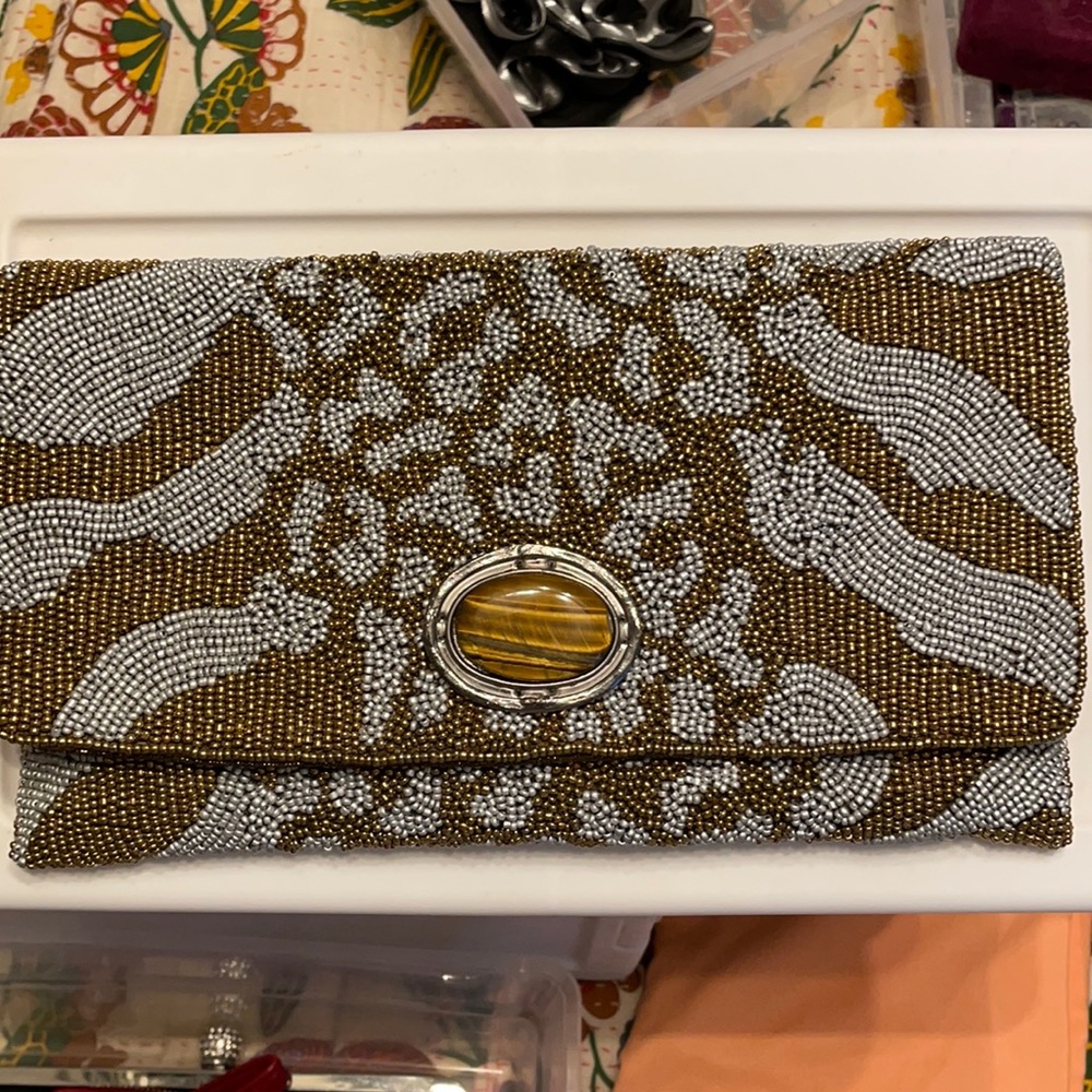 Mary Frances tigers eye beaded clutch